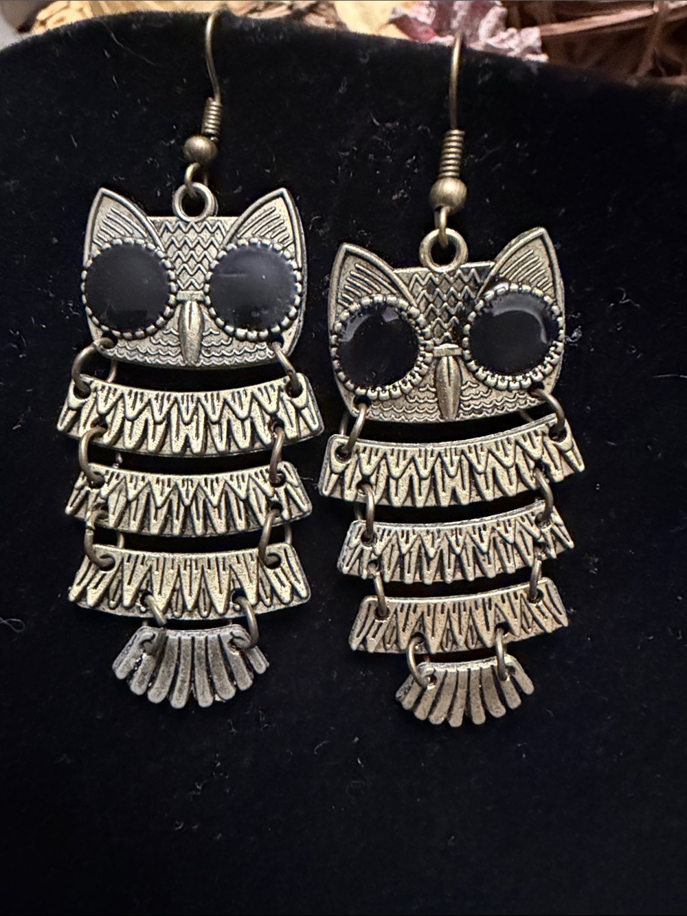 Antique Gold Owl Dangle Earrings - Black Accent